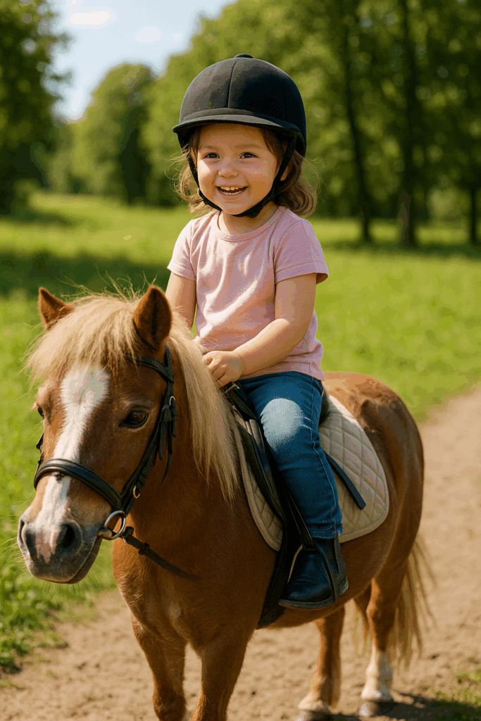 Ein Kind mit Helm auf einem Ponny